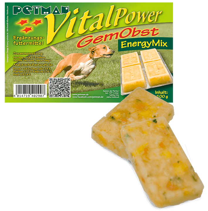 Petman Verpackung VitalPower EnergyMix mit davorliegenden losen Produktstücken 