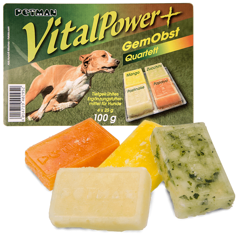 Petman Verpackung VitalPower Gemobst Quartett  mit davorliegenden losen Produktstücken 