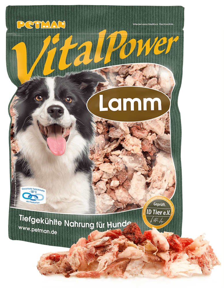 Petman Verpackung VitalPower Lamm mit davorliegenden losen Produktstücken 