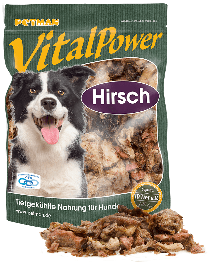 Petman Verpackung VitalPower Hirsch mit davorliegenden losen Produktstücken 