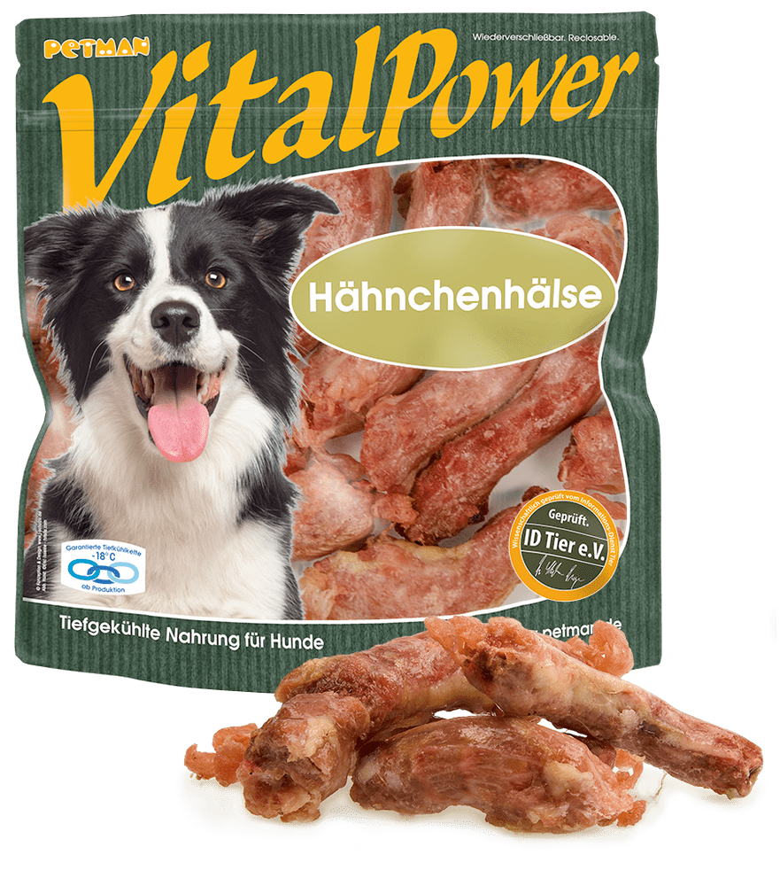 Petman Verpackung VitalPower Hähnchenhälse mit davorliegenden losen Produktstücken 