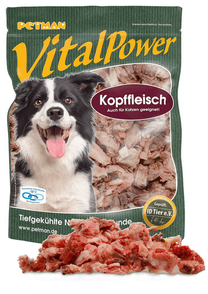 Petman Verpackung VitalPower Kopffleisch mit davorliegenden losen Produktstücken 