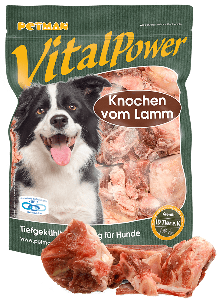 Petman Verpackung VitalPower Lammknochen mit davorliegenden losen Produktstücken 