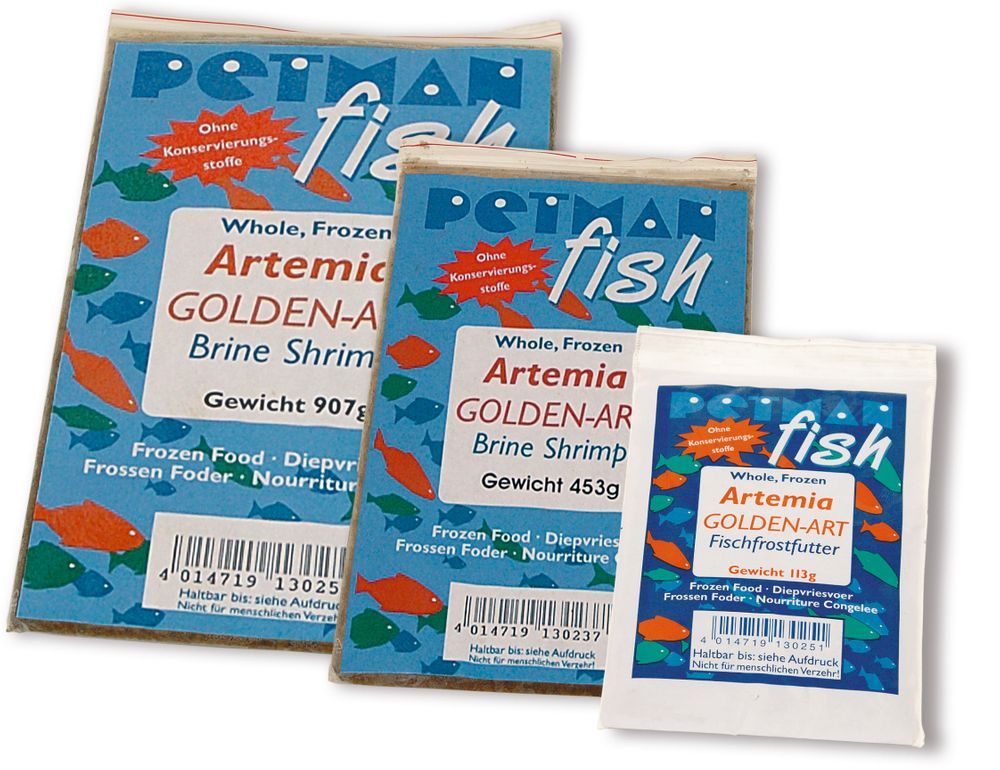 Petman Premium fish Verpackung der Sorten Artemie 113g, 453g und 907g