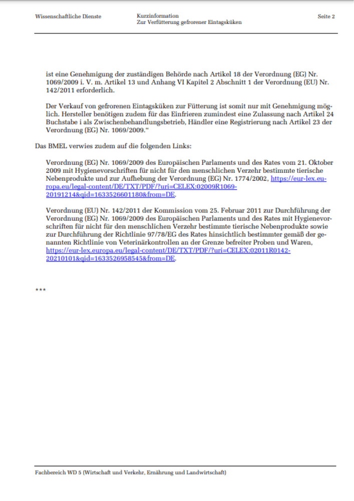 Seite 2 des Berichtes des Wissentschaftlichen Dienst des Bundes zu Eintagsküken